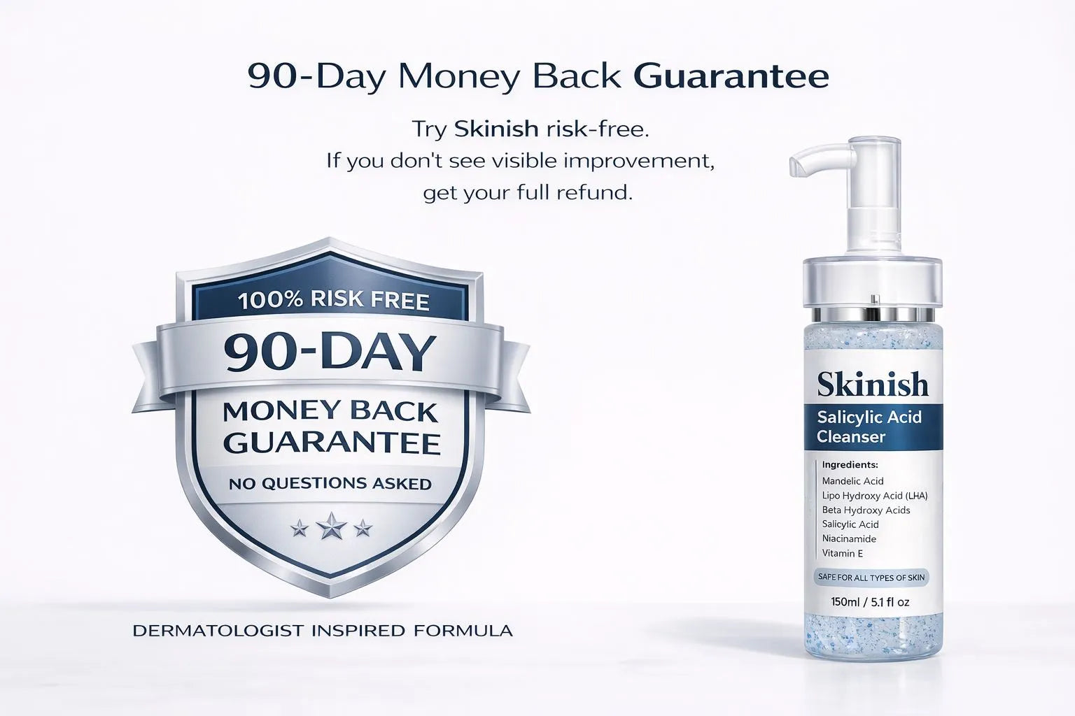 Skininish Salicylic Acid Cleanser with 90-Day Money Back Guarantee on a white background